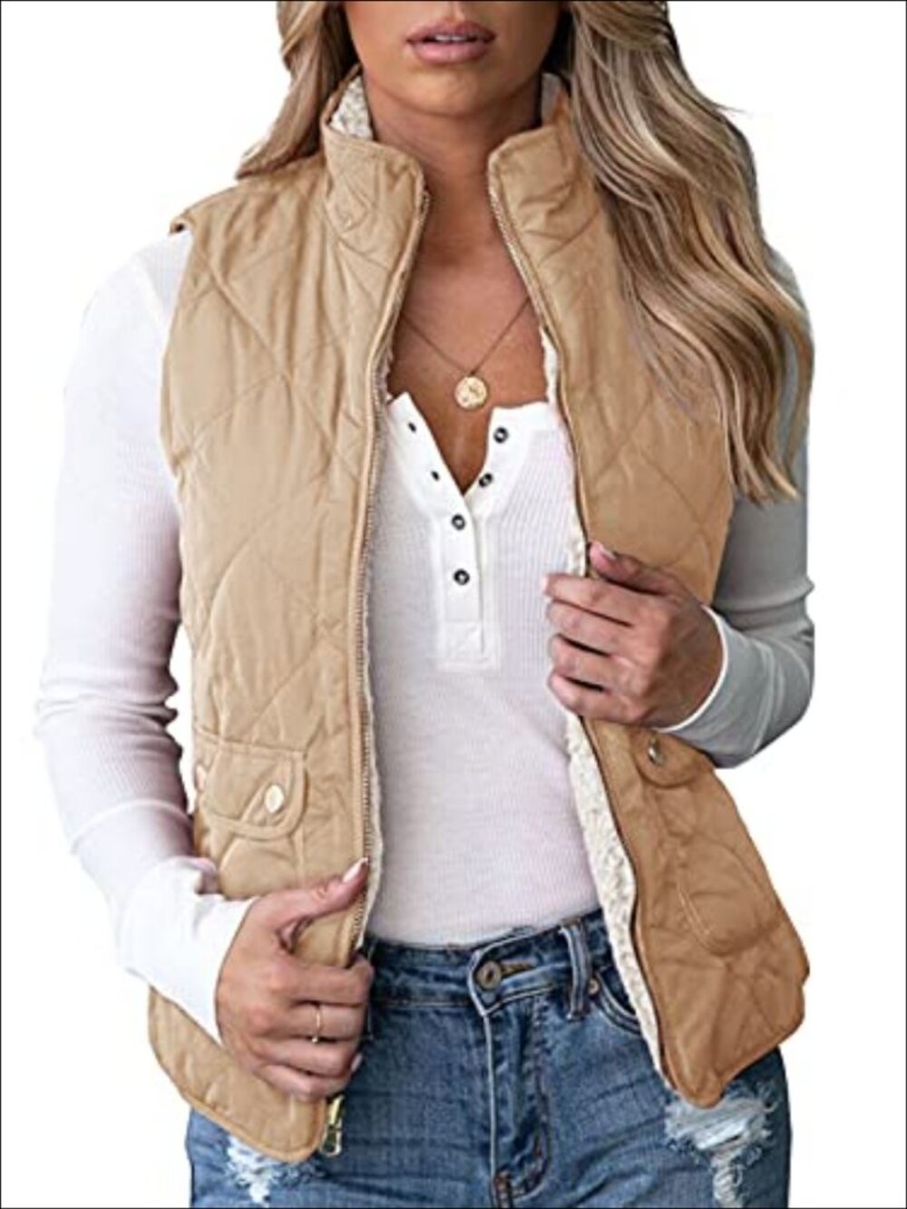 Reversible Quilted Sherpa Fleece Vest Lightweight Sleeveless Zip-Up Vest